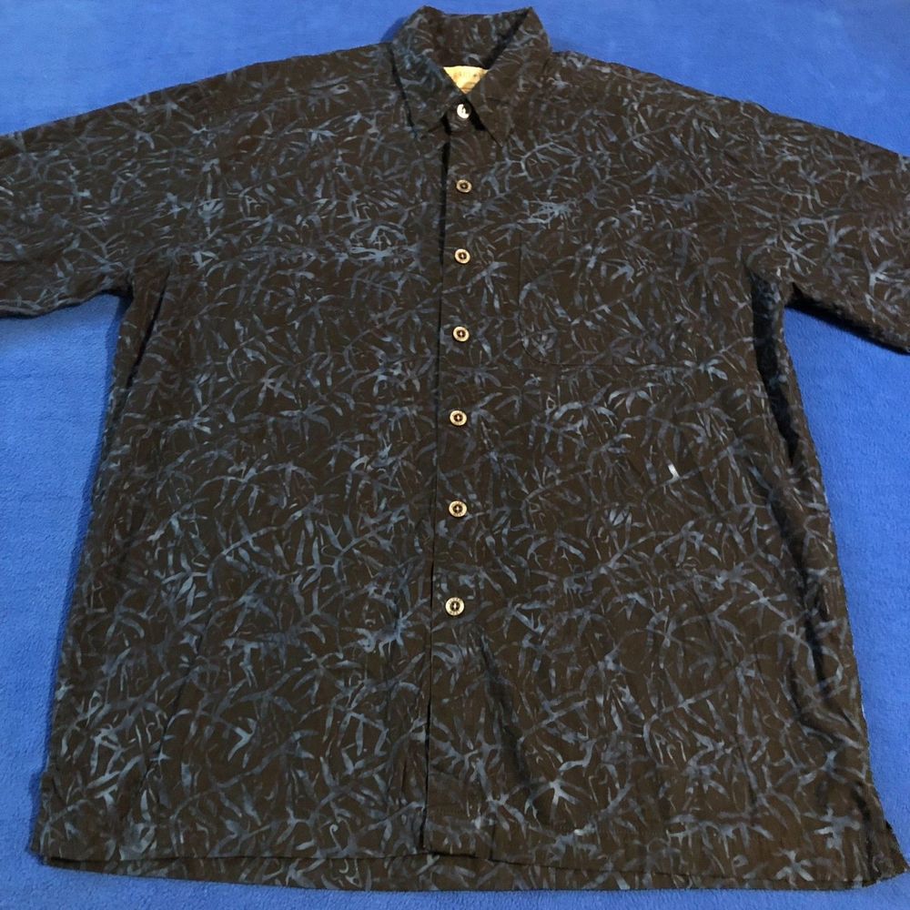 Mens Johari West Hawaiian Blue Jungle Gray Button Down Pocket Short Sleeve Sz L